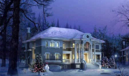 唯美圣诞雪地别墅图片