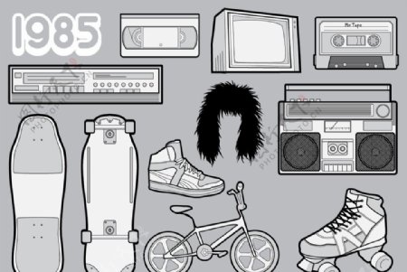 1985鞋子单车溜冰鞋录音机矢量图片