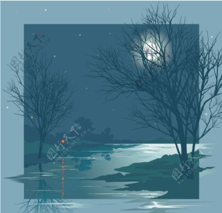 圆月河流树木夜景图片