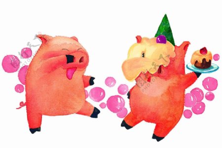 手绘水彩小猪的生日派对图片