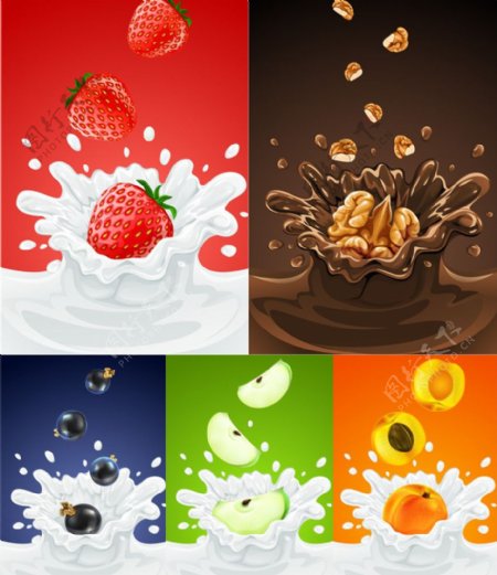 5款水果坠入牛奶瞬间矢量素材图片