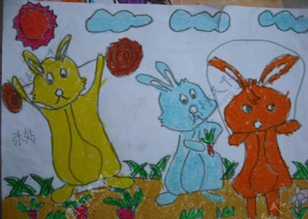儿童蜡笔画三只小兔图片
