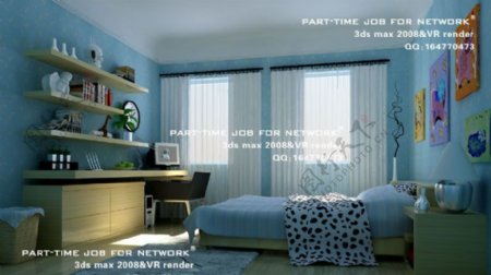 现代蓝调卧室3dsmax室内模型vray带全部贴图图片
