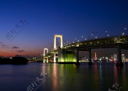 夜景倒映城市桥图片