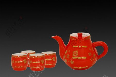 唐装红瓷茶具图片