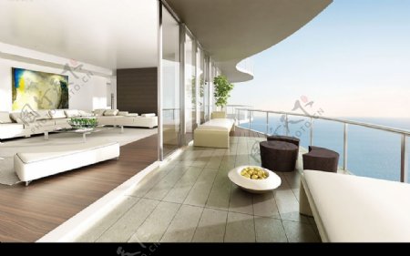 建筑阳台海景白色调沙发图片