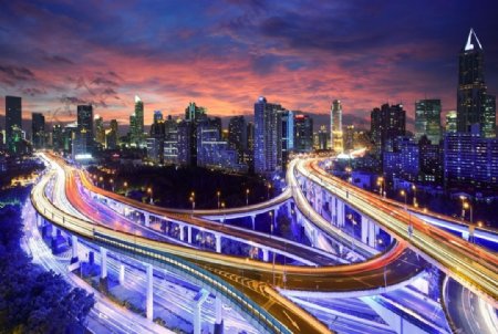 上海延安路高架夕阳美图片