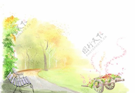 手绘水彩公园风景插画图片