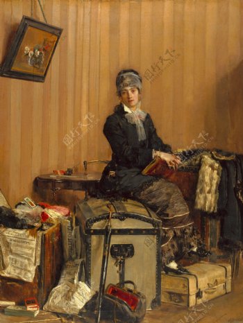 古典油画坐在旅行箱上的贵妇图片