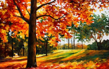 秋色枫林风景油画图片