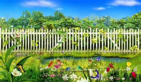 画意背景栅栏花园图片