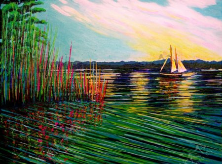 湖光三色风景油画图片