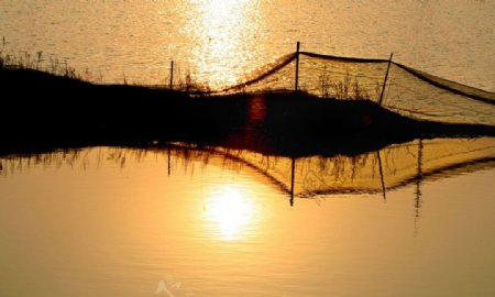 夕阳渔网图片