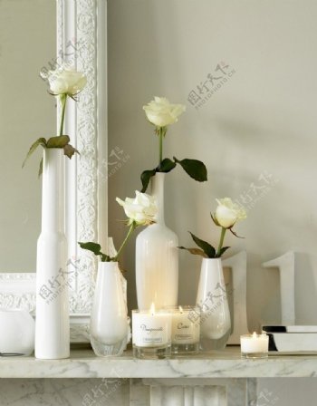白色瓷质和玻璃花瓶及白玫瑰图片