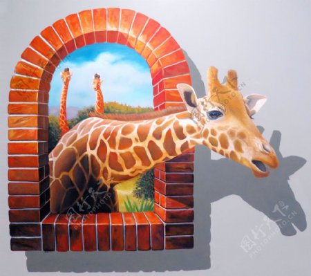 3D壁画长颈鹿图片