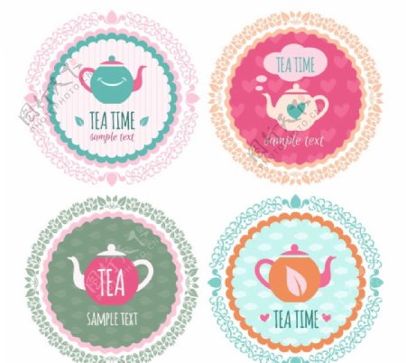 清新圆形茶壶标签图片