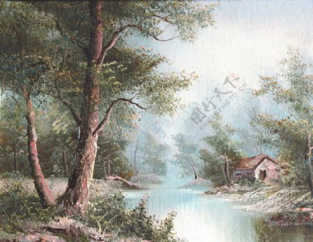 河边小景油画图片