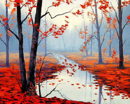 油画平静的秋天图片