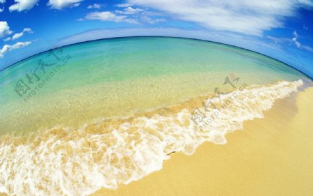 蓝天海岸浪花金色沙滩图片