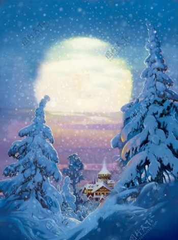 月亮下的雪中城堡雪景图片