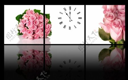 玫瑰钟表三联画图片