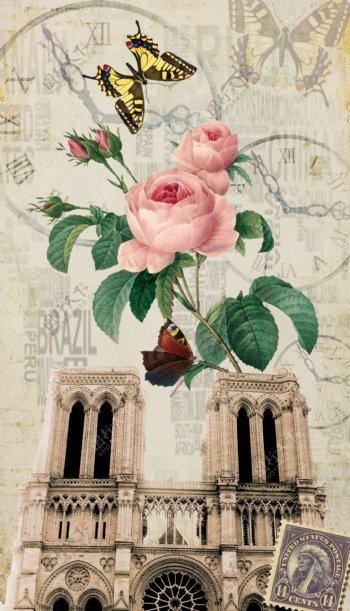 法国巴黎圣母院花卉复古图片