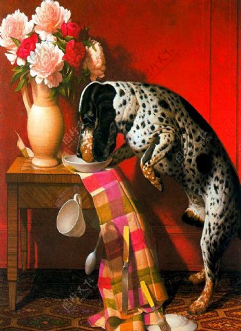 油画花瓶旁的斑点狗图片