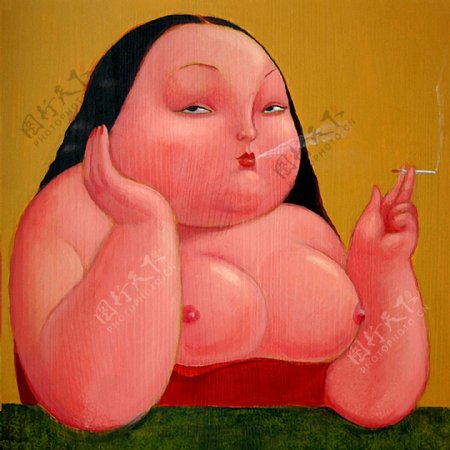 油画吸烟的胖女人图片