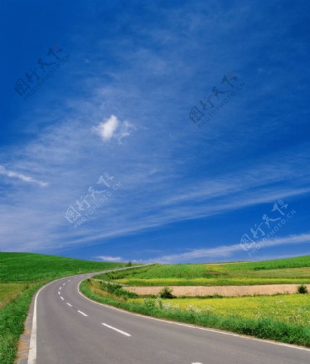 蓝天白云绿野田野公路图片