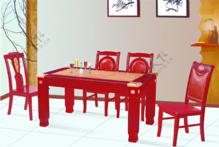红色餐桌椅图片