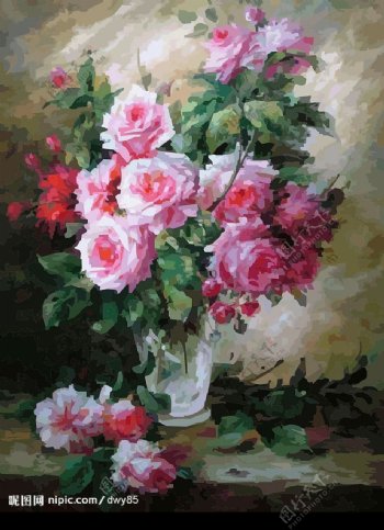 花玫瑰花花瓶油画矢量图盛开的玫瑰图片