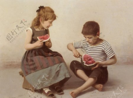 吃西瓜的两个小孩图片