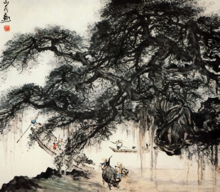 关山月现代国画古树渡口图片