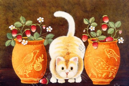 油画草莓与猫咪图片