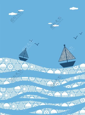 蓝色小船插画图片