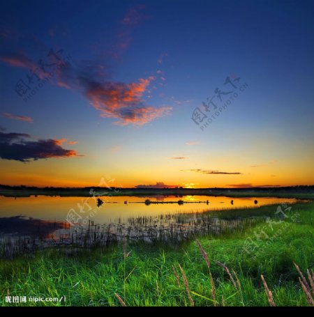 原野沼泽的绚丽黄昏图片