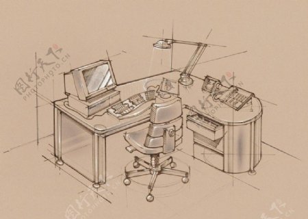 手绘办公室用品办公桌图片