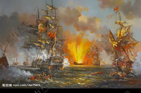 油画战争的船图片