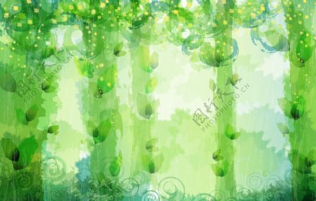 绿色墨迹水粉水彩大树落叶梦幻背景图片
