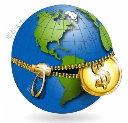 拉链地球中的金币商务金融背景图片