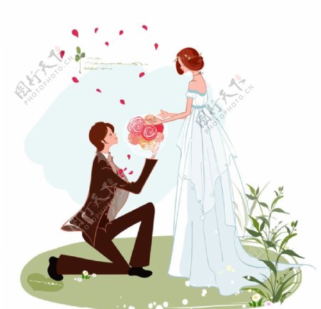 跪地向新娘献花的新郎图片