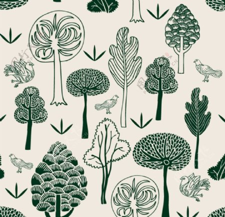 绿色手绘森林与鸽子矢量素材图片