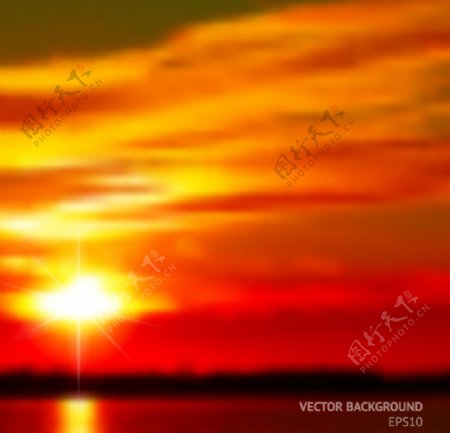 夕阳湖泊美景矢量素材图片