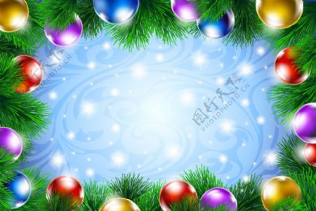 圣诞球松树枝边框圣诞背景图片