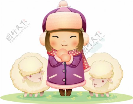 可爱小女孩和两只羊图片