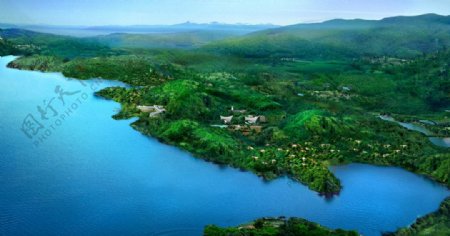 度假村湖泊山水背景素材图片