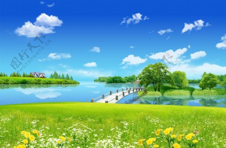 蓝天白云绿草地湖泊图片