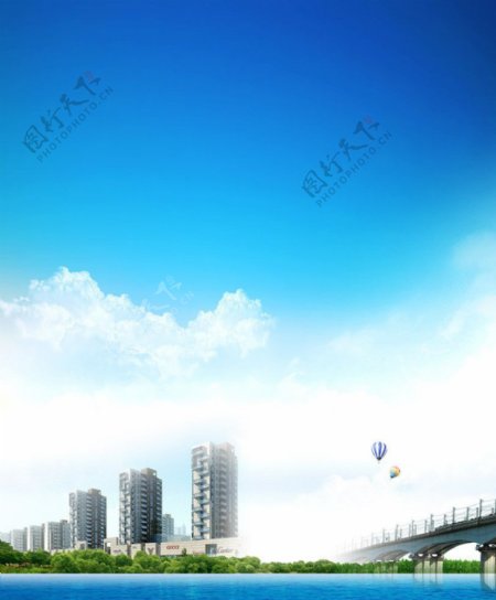 房地产蓝天白云大桥湖水图片