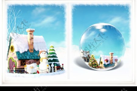 圣诞节素材窗外的雪人和小屋图片