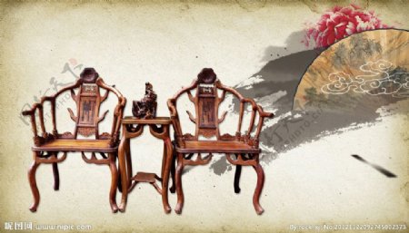 红木家具椅子扇子牡丹中国风图片